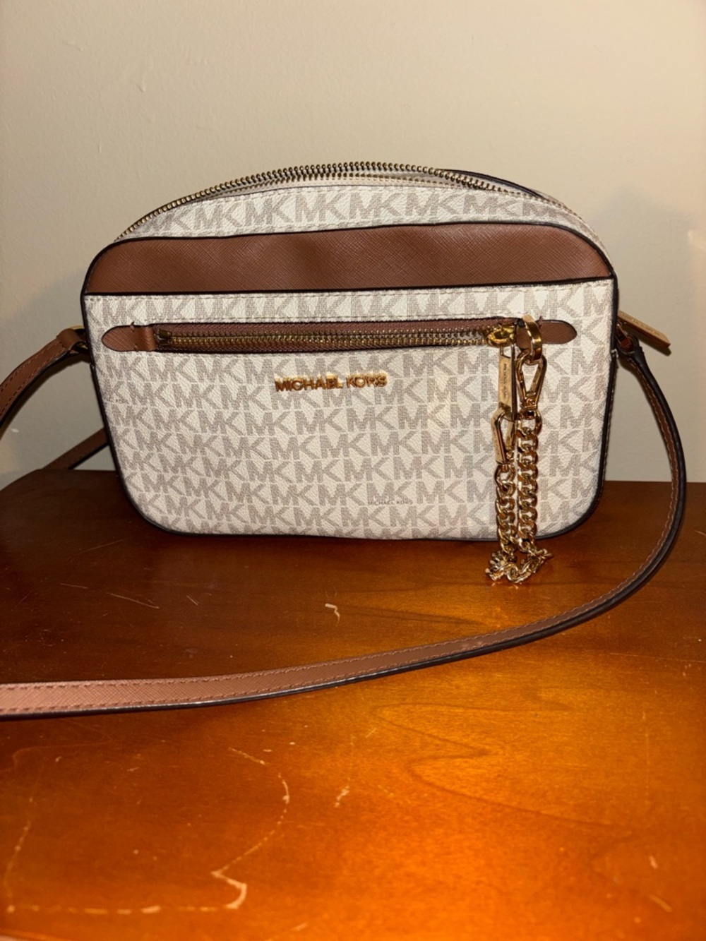 Michael Kors Cream & Brown MK Signature Crossbody with Gold Chain